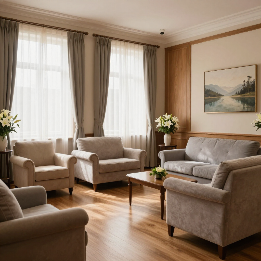 Una acogedora sala de estar luminosa con sillones de tonos neutros, un sofá, una mesa de centro.