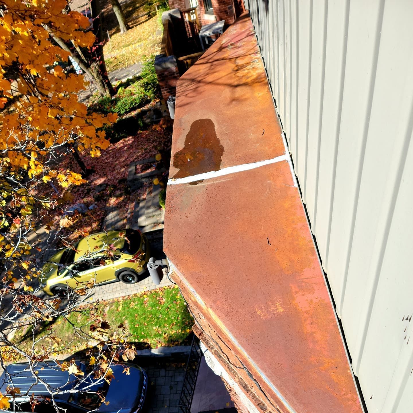 Vue aérienne du toit en cuivre d'un immeuble présentant une tache d'eau. Des arbres d'automne et une voiture jaune sont visibles en contrebas.