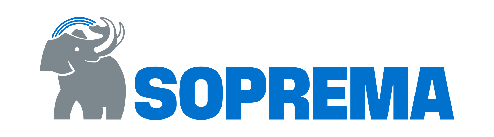 Logo de Soprema : un mammouth gris avec des accents bleus, à côté du mot bleu « SOPREMA ».