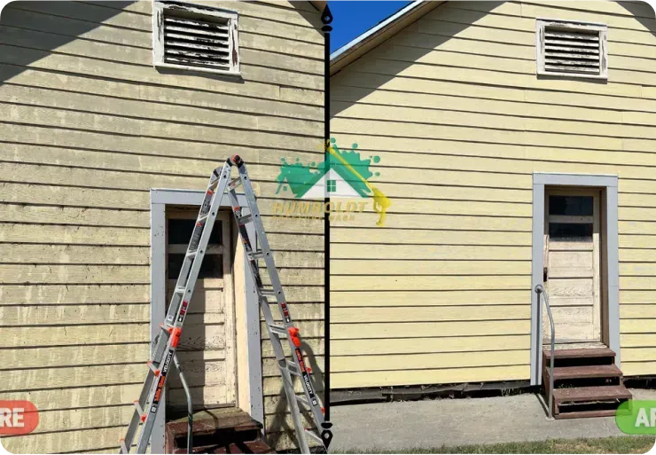 Comparison: house siding before and after cleaning. Left side: dirty yellow; Right side: clean yellow.