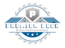 Logo for Premier Deck & Construction featuring a blue and white circular saw blade surrounding a house and shield icon.