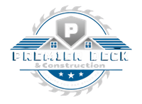 Logo for Premier Deck & Construction featuring a blue and white circular saw blade surrounding a house and shield icon.