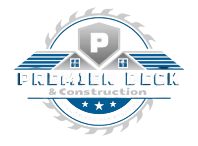 Logo for Premier Deck & Construction featuring a blue and white circular saw blade surrounding a house and shield icon.