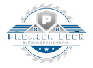 Logo for Premier Deck & Construction featuring a blue and white circular saw blade surrounding a house and shield icon.