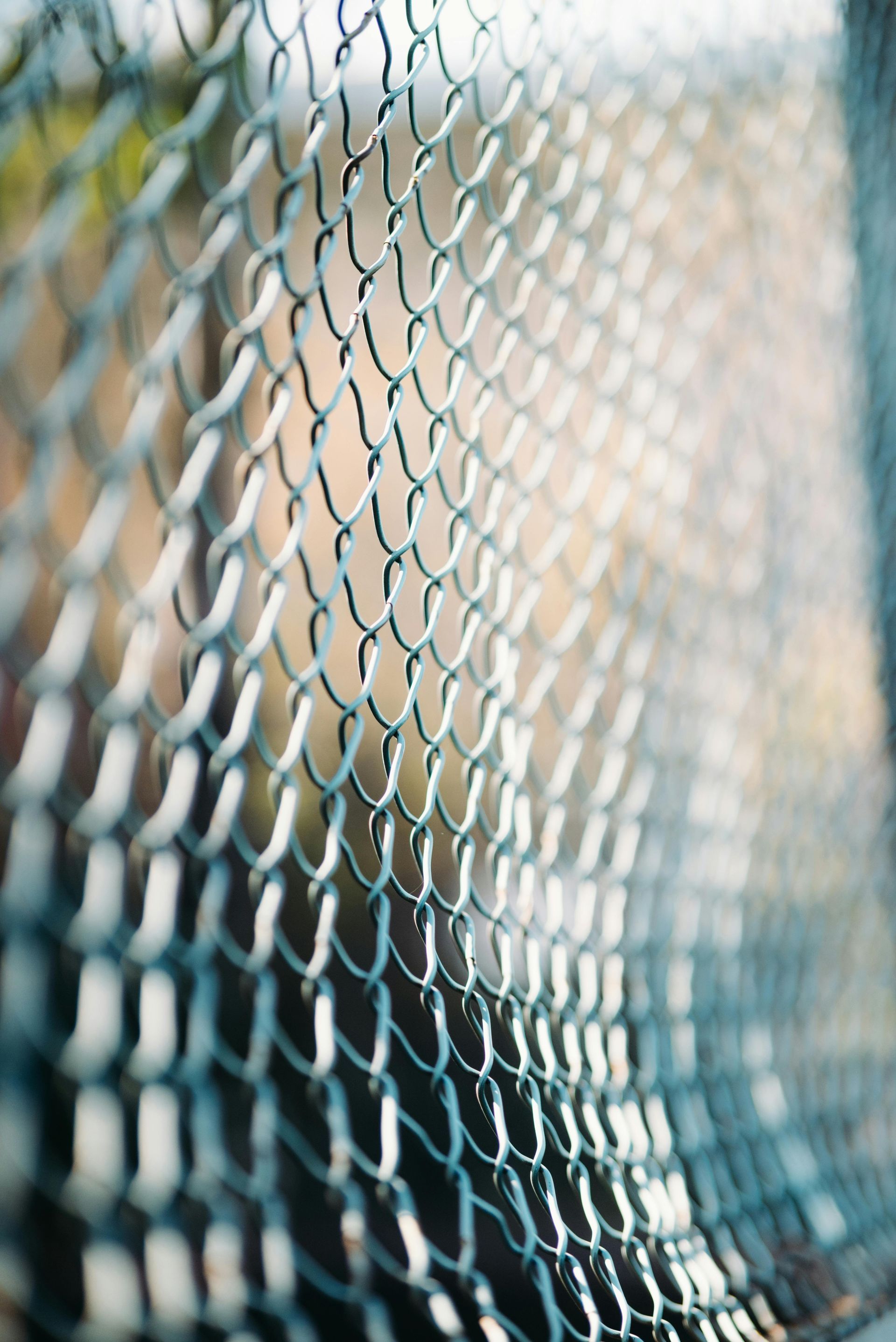 Close-up of a silver chain-link fence with a shallow depth of field, blurring the background.