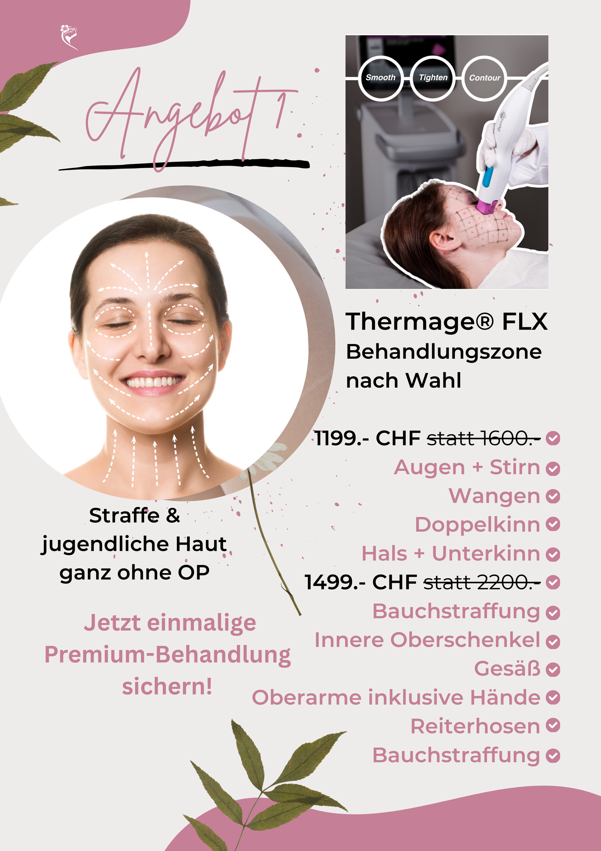 Werbung für die Thermage FLX-Behandlung. Frau lächelt, Behandlungsgerät wird gezeigt. Angebote mit Preisen.