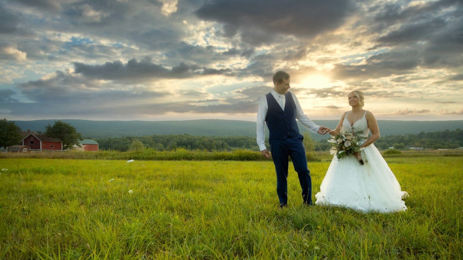 A bride and groom are standing in a grassy field holding hands.