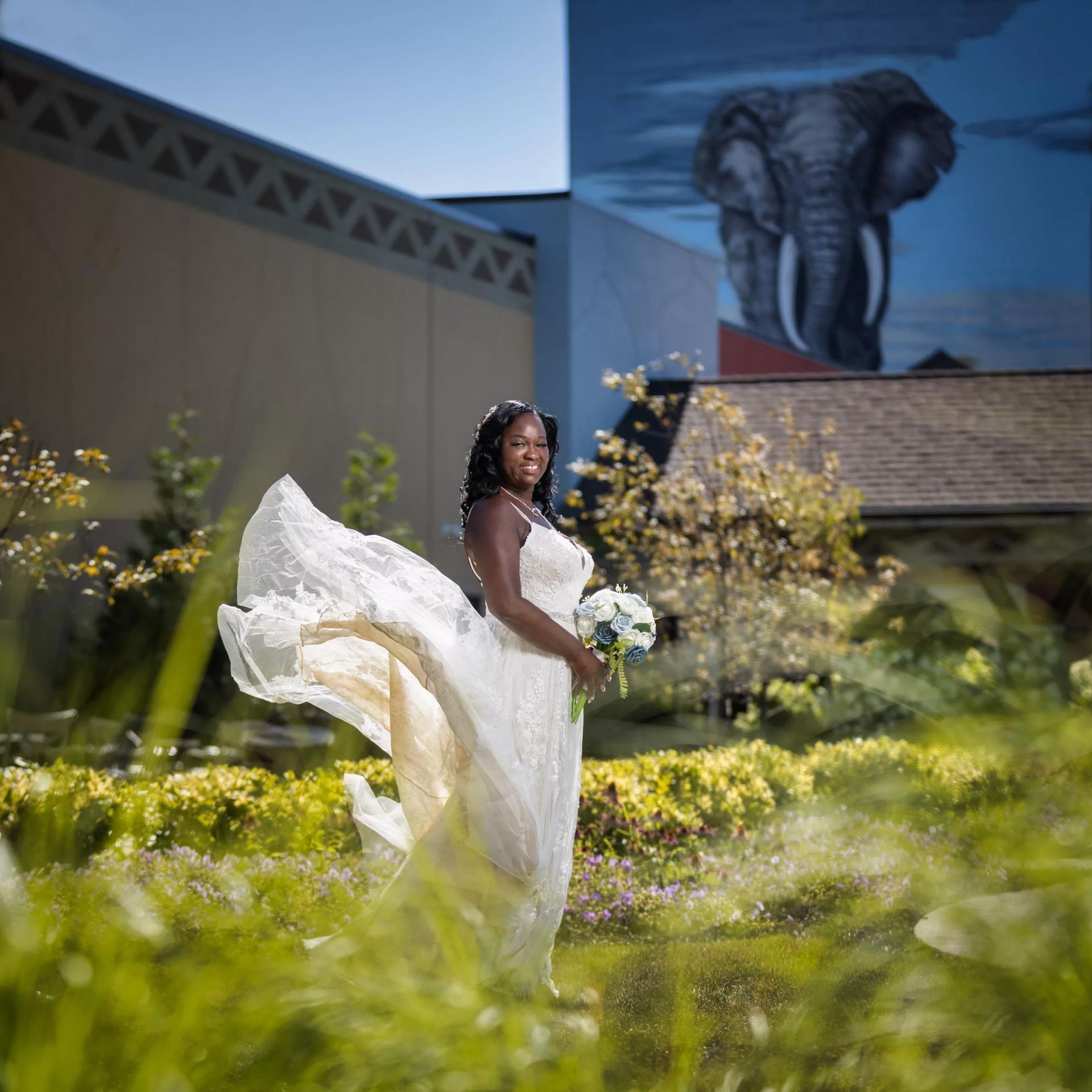 A woman in a white dress is standing in a field with an elephant mural in the background.