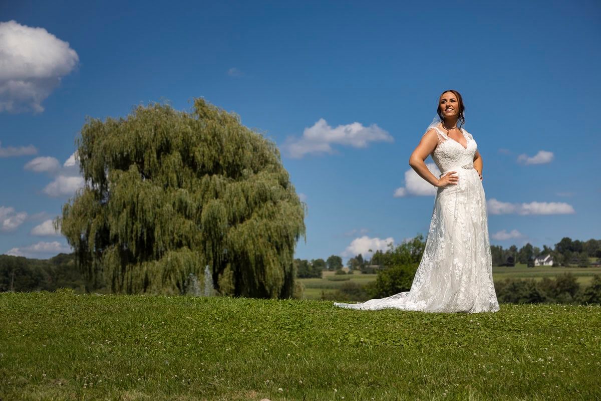 A woman in a wedding dress is standing in a grassy field.