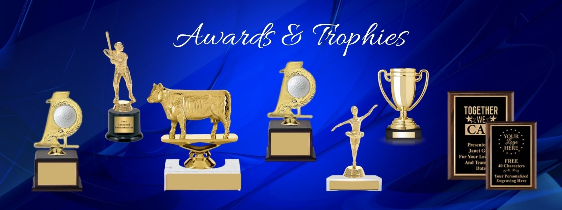 A display of awards and trophies on a blue background