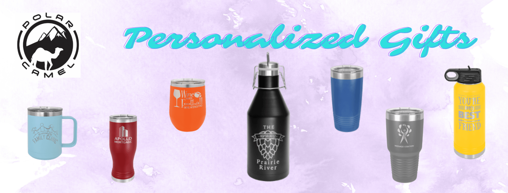 A variety of personalized gifts are displayed on a purple background.
