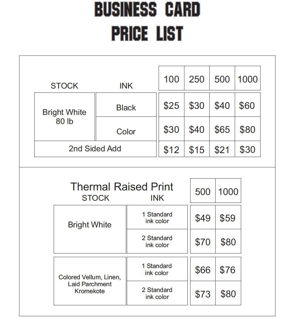 A business card price list for thermal raised print