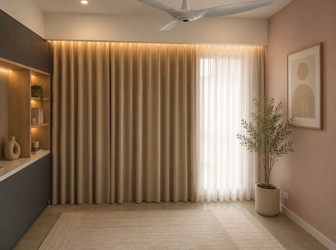 Modern minimalist living room with beige curtains, warm lighting, wall shelf, and a potted plant. — Curtain Concepts in Dunbible, NSW 