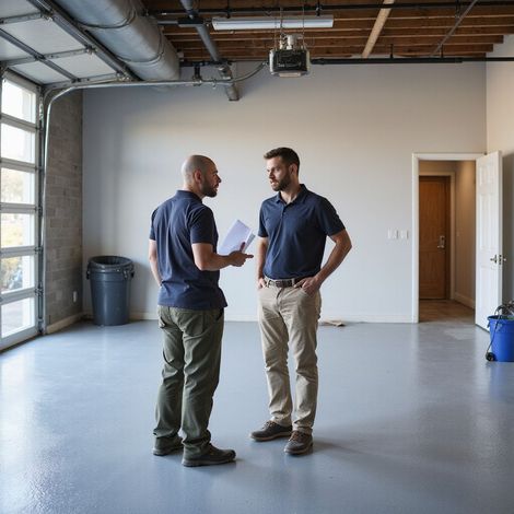 Two men discussing paperwork in a mostly empty garage with a grey floor.