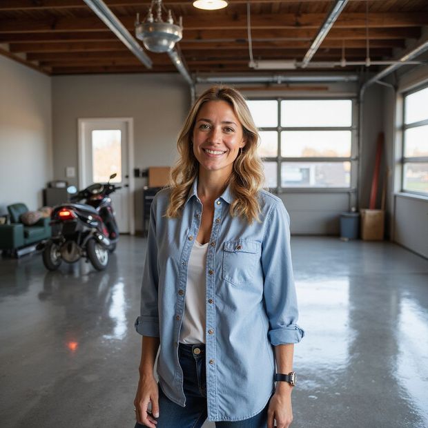 Woman smiling in a garage, wearing a denim shirt, standing near a motorcycle and garage door.