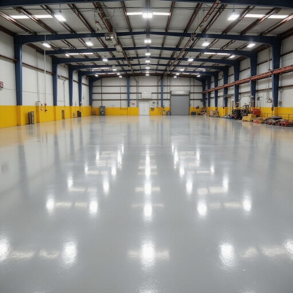 Empty industrial warehouse with reflective gray floor, yellow and blue walls, overhead lights.