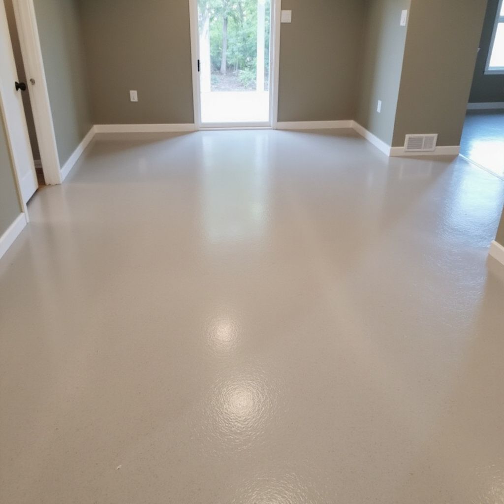 Empty room with light gray painted floor and olive green walls, sliding glass door.