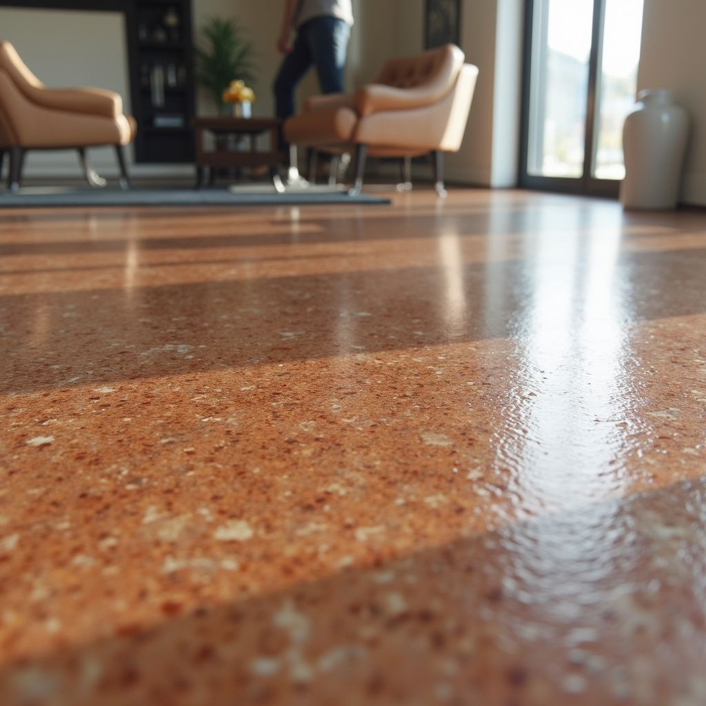 Polished reddish-brown concrete floor reflecting sunlight; person walking in background of living room.