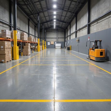 Warehouse interior with stacks of boxes, a forklift, and yellow floor lines.