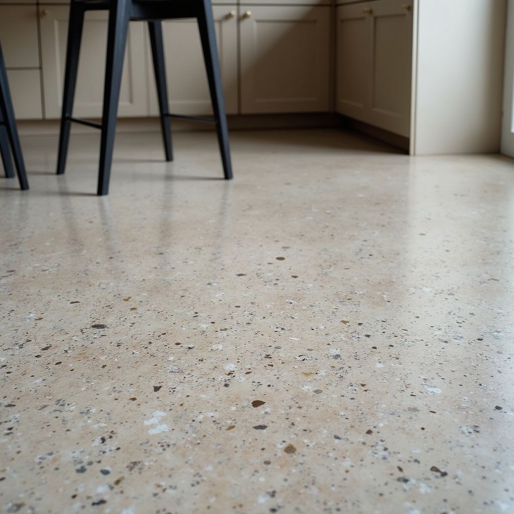 Polished concrete floor with visible aggregate, black chair legs, cream kitchen cabinets.