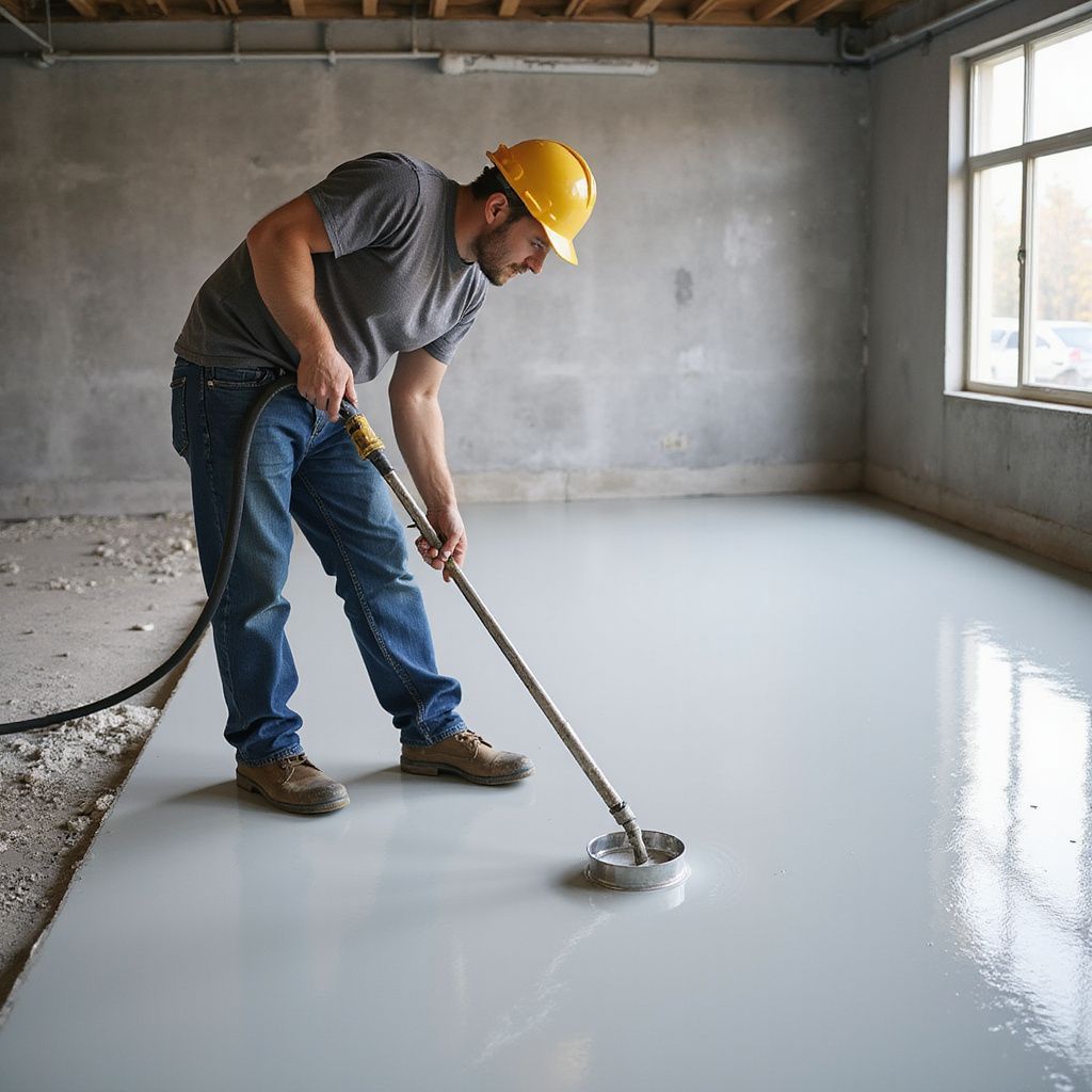 Construction worker applying light gray coating to a concrete floor with a long-handled tool.