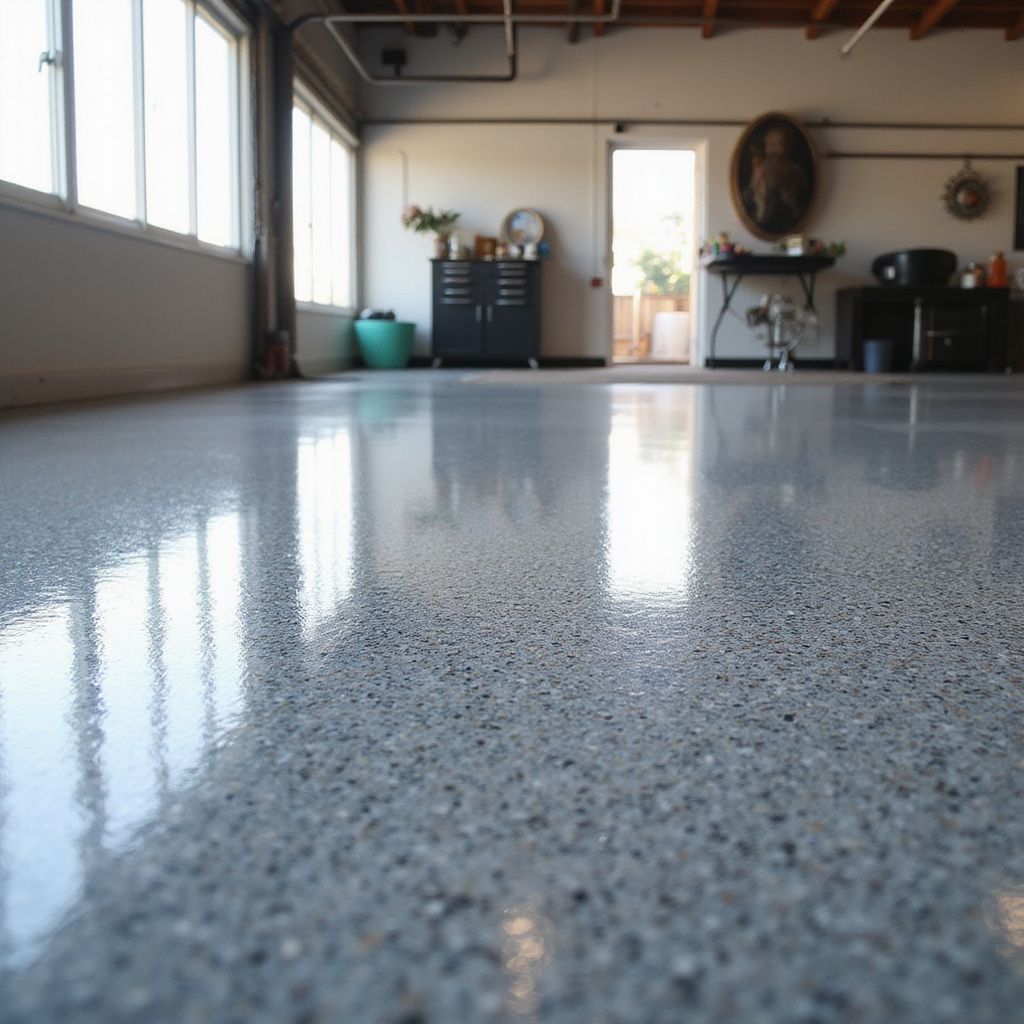 Shiny, speckled gray concrete floor in an industrial-style room. Sunlight reflects off the smooth surface.