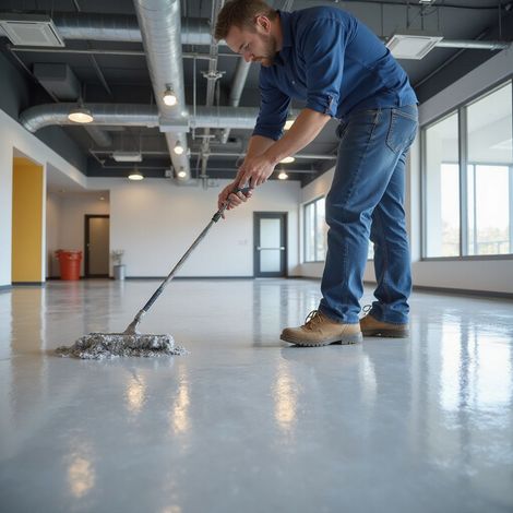 Man mopping a gray floor in a spacious, empty room with large windows, wearing blue jeans and a shirt.
