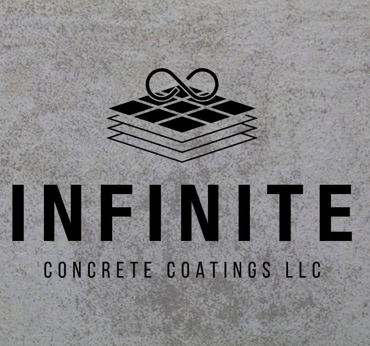 Logo for Infinite Concrete Coatings LLC, with an infinity symbol atop stacked, square layers, and company name.