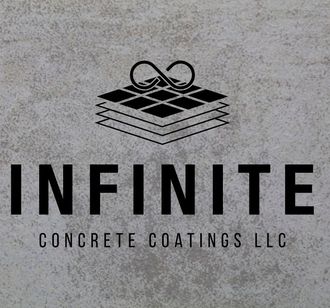 Logo for Infinite Concrete Coatings LLC, with an infinity symbol atop stacked, square layers, and company name.