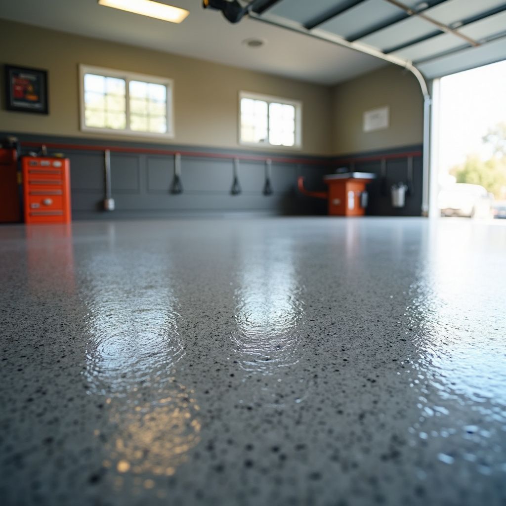Garage with a glossy, speckled gray floor; open garage door; neutral-colored walls; tools and cabinets.