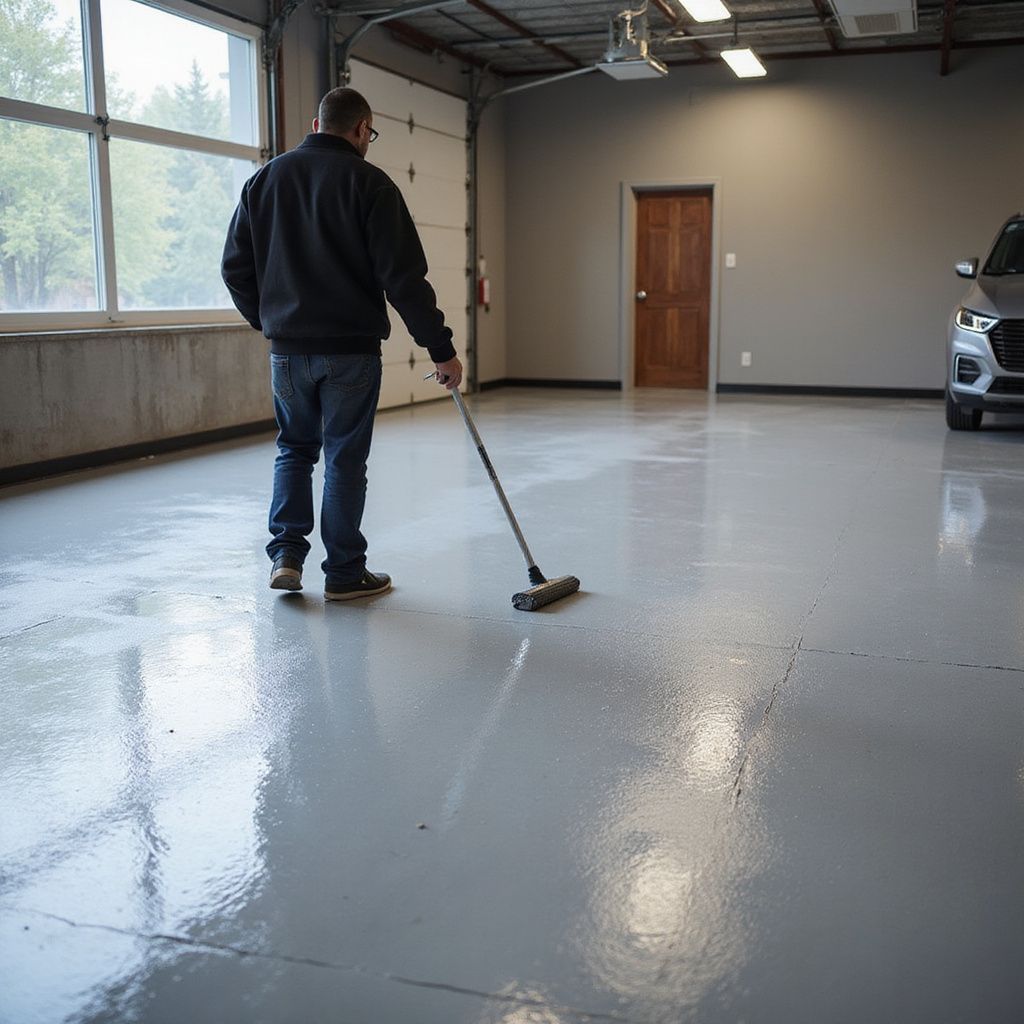 Man mopping a shiny, gray garage floor. A car is parked on the right.