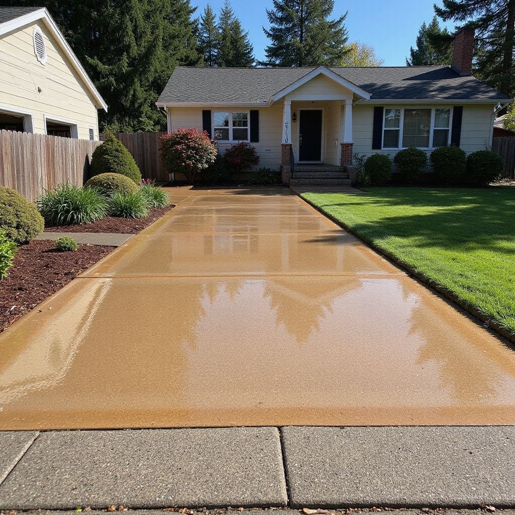 House with a long, wet driveway and green lawn. Yellow house with black door and trimmed shrubs. Sunny day.