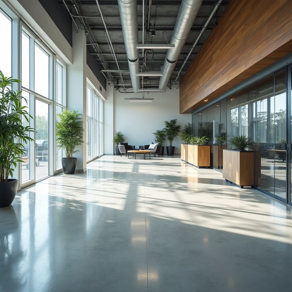Bright, modern office interior with large windows, potted plants, and concrete flooring.