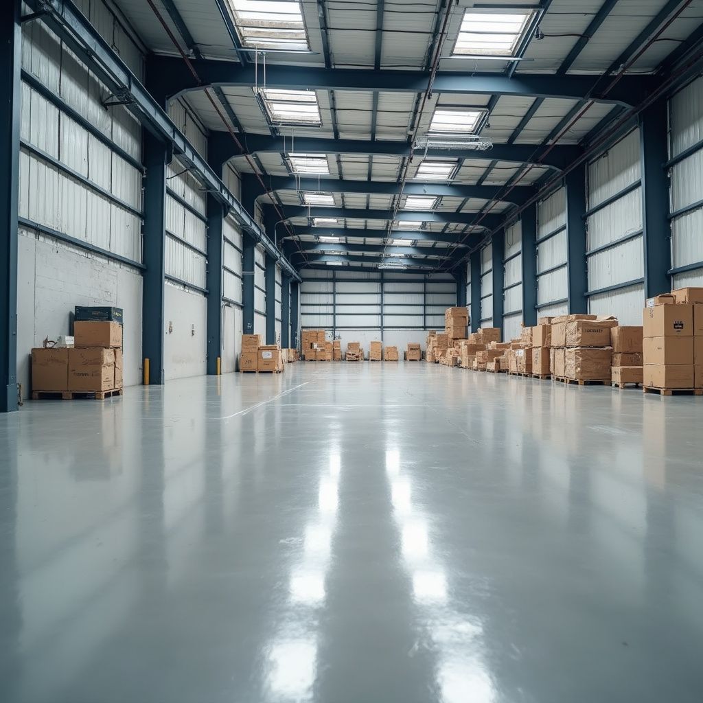 Inside a large, empty warehouse with scattered cardboard boxes, reflective floor, and skylights.