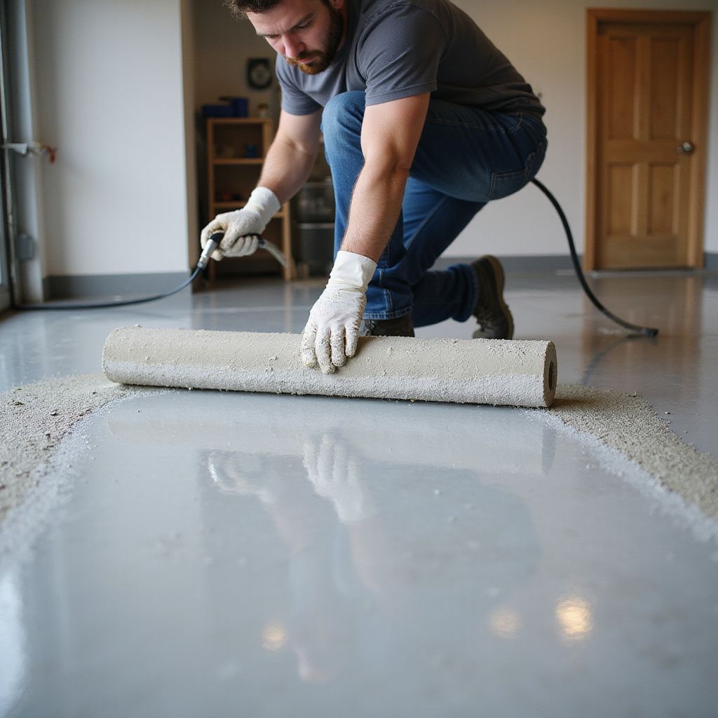Man applying textured epoxy floor coating in a garage.