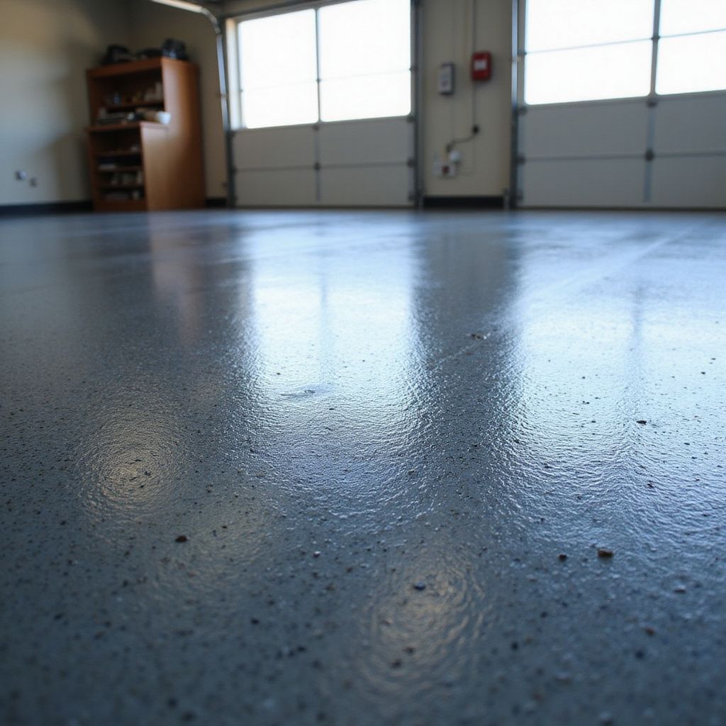 Shiny, gray epoxy floor in a garage; closed white garage doors in the background.
