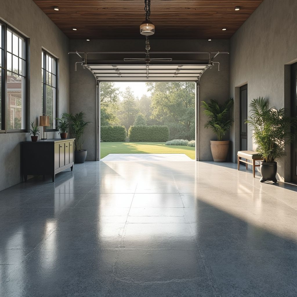 Garage interior with open door, showing a sunny backyard and concrete floor.