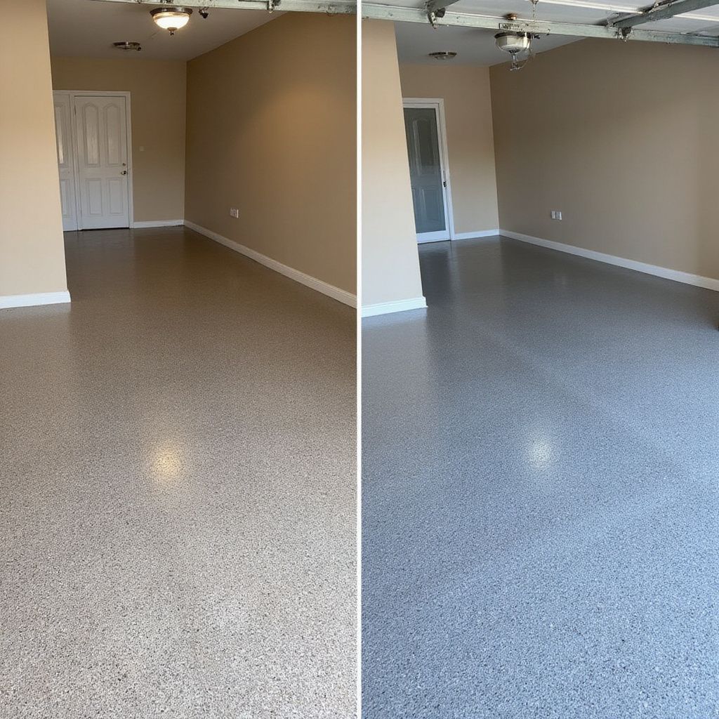 Two side-by-side shots of a garage with a speckled epoxy floor and tan walls, showing the difference in lighting.