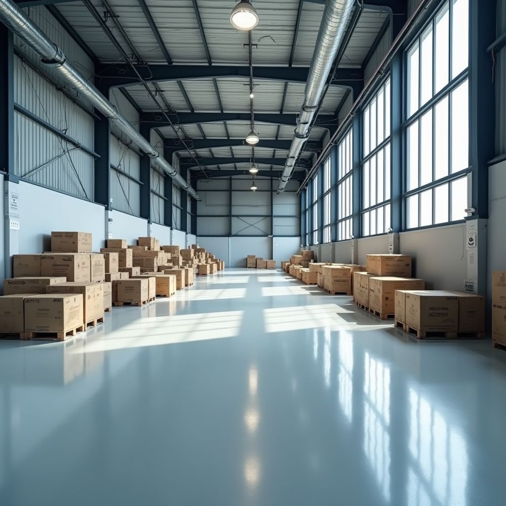 Empty warehouse with boxes on the floor, windows on the right, and bright overhead lights.