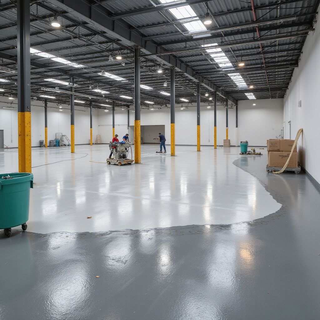 Empty warehouse with freshly painted gray floor, workers, and yellow and black support beams.