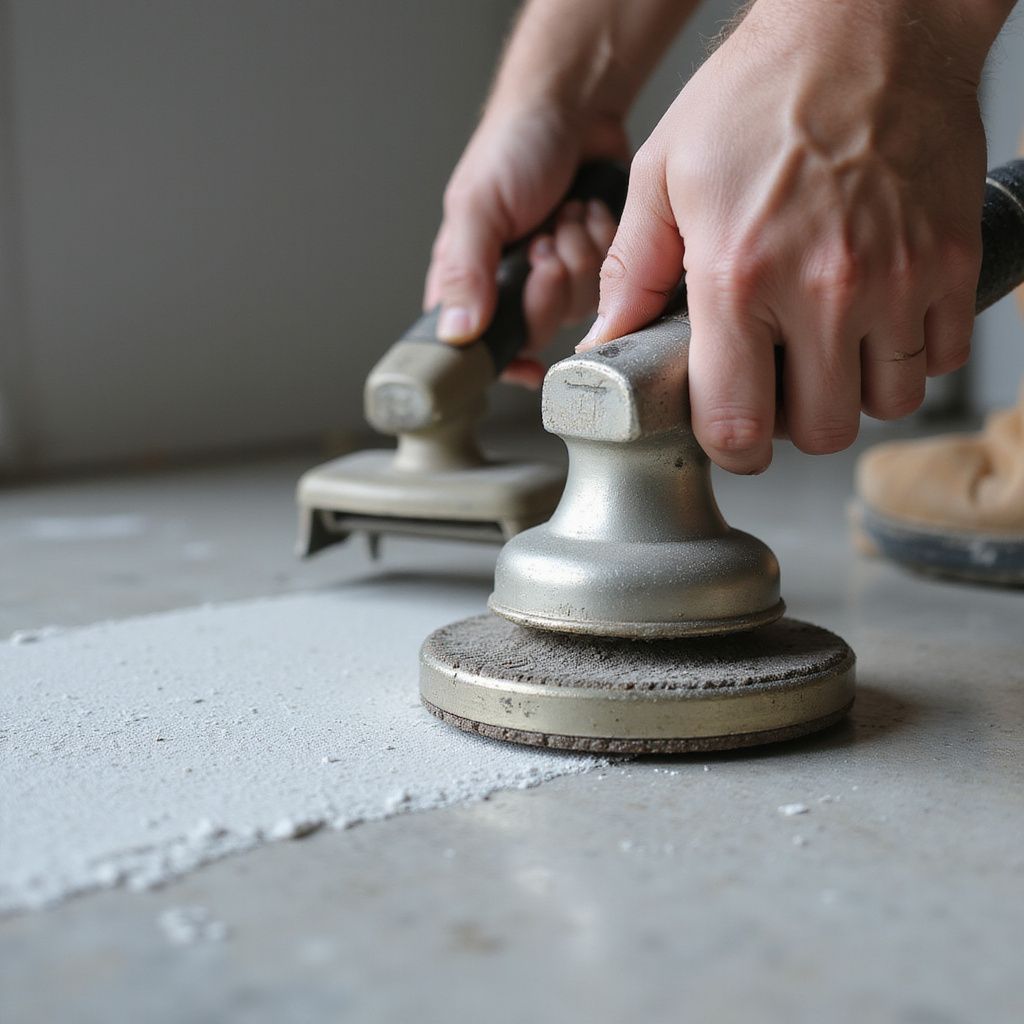 Hands sanding a concrete floor with a handheld power sander, creating a line of dust.