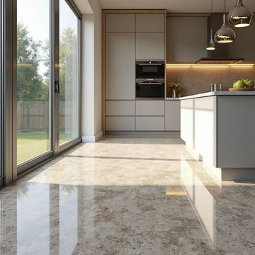 Modern kitchen with glossy beige floor, cabinetry, island, and large glass doors to a backyard.