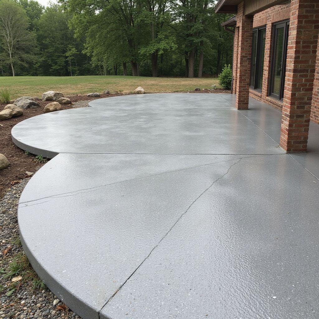 Grey concrete patio with curved edge next to a brick building.