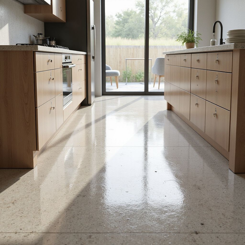 Kitchen with light wood cabinets, polished concrete floor, and a view of a patio.
