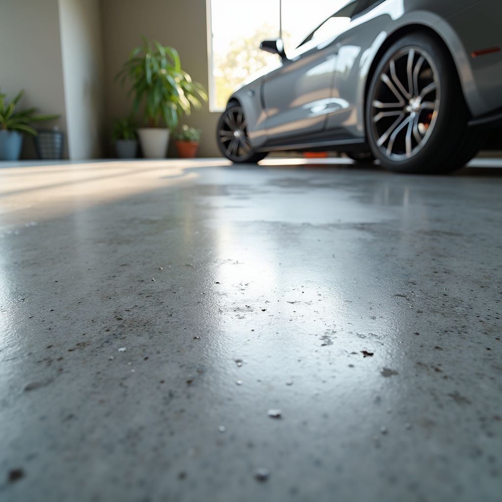 Gray sports car parked inside a garage. Concrete floor reflecting light, plants in the background.