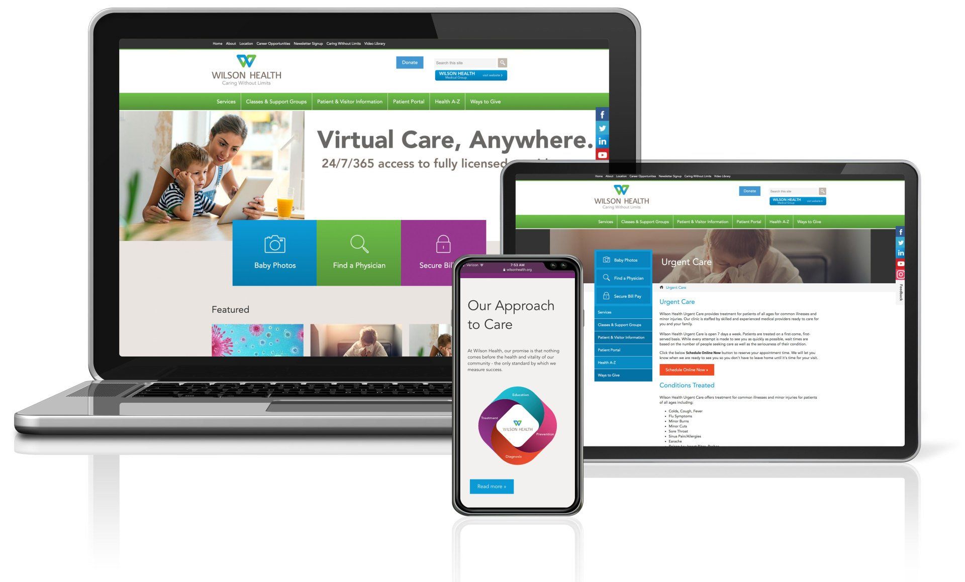Laptop, tablet, and smartphone displaying a virtual healthcare website.