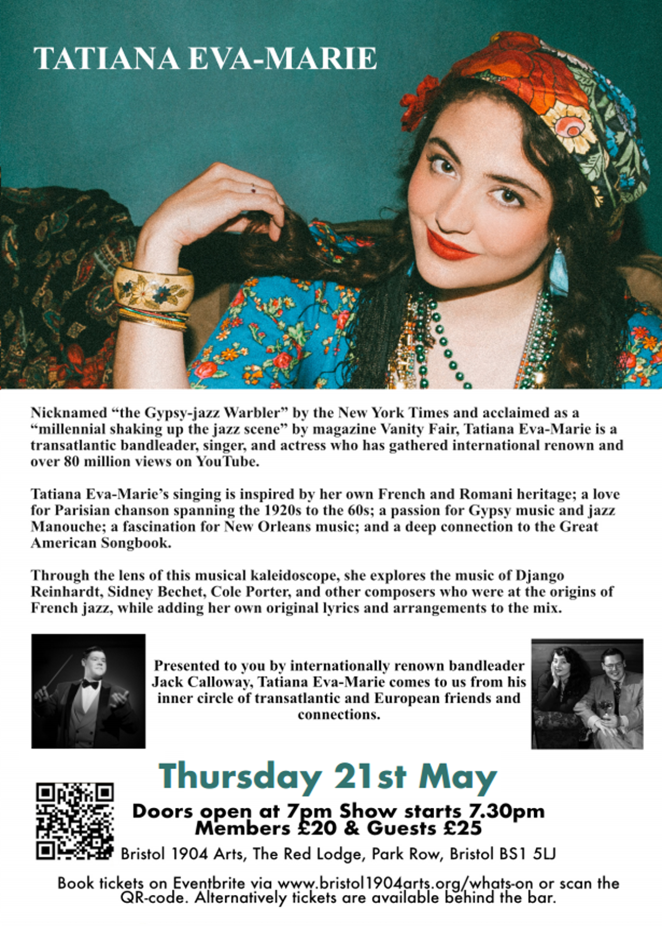 Image of the Tatiana Eva-Marie event flyer - who with Jack Calloway presents a stomping jazz concert at Bristol 1904 Arts on 21st May, 2026