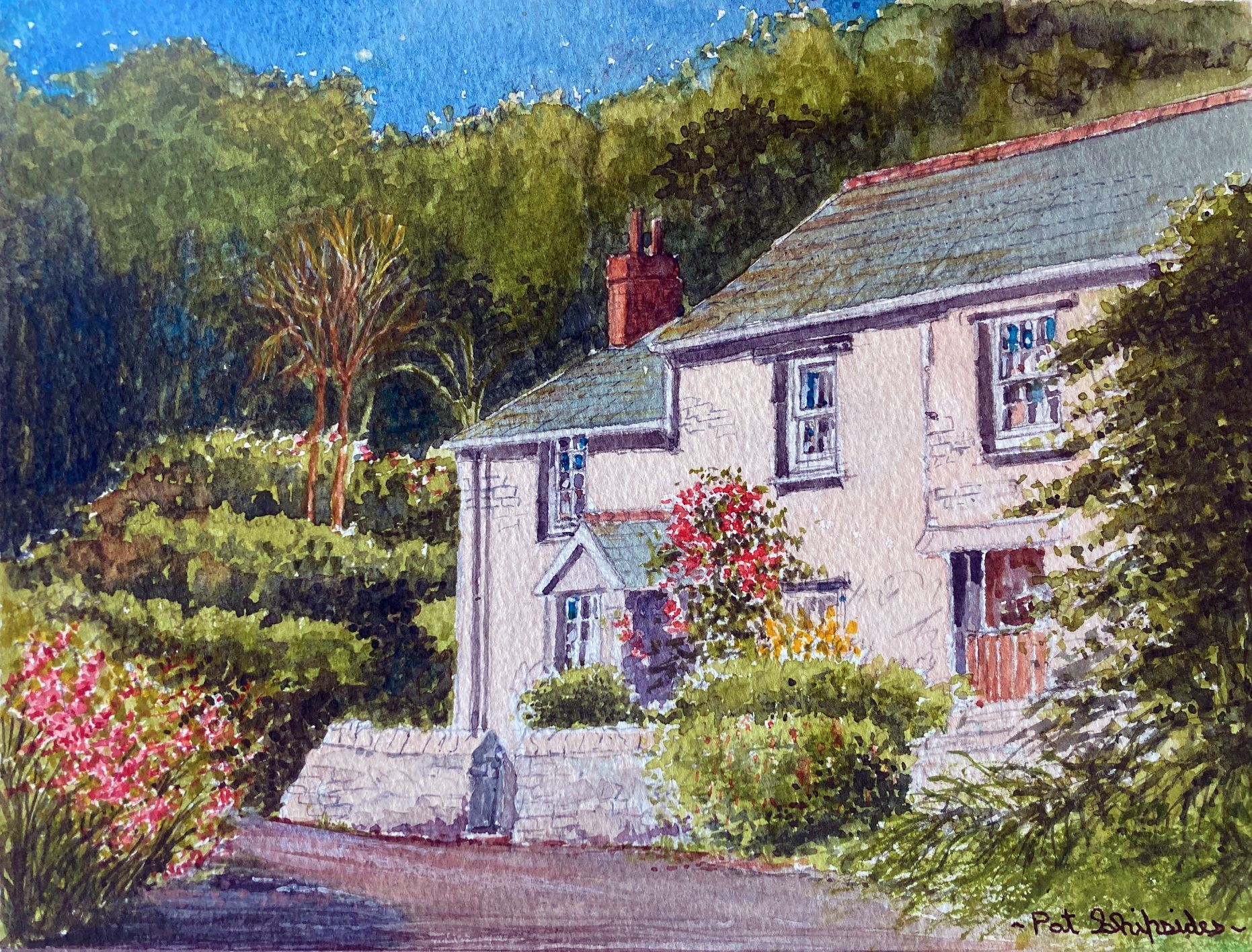 A painting by member Pat Shipsides entitled: A Cornish cottage in Portloe