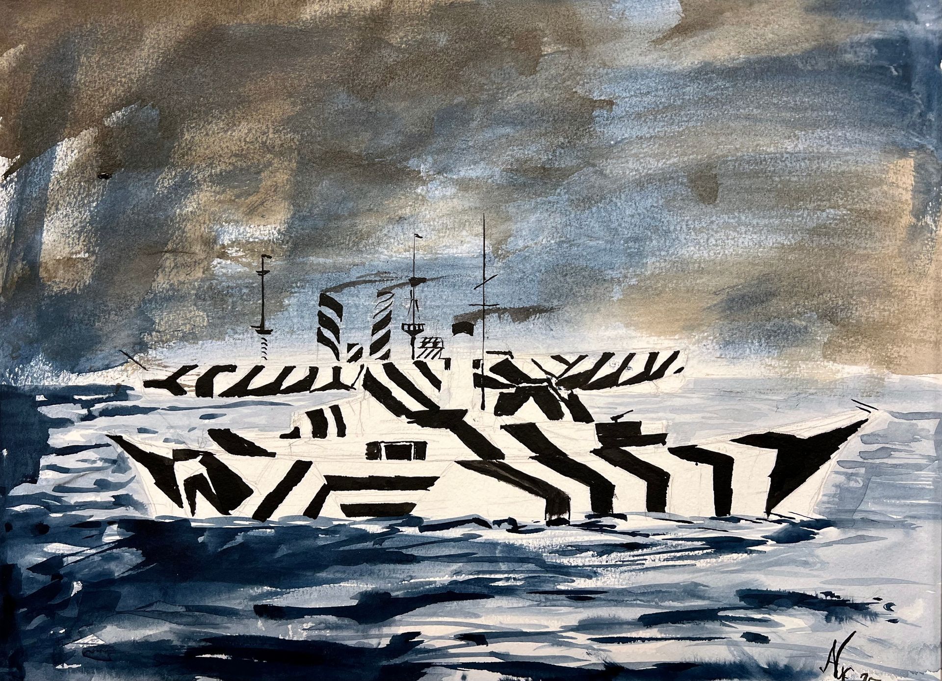 An image sketch depicting Zebra like camouflage  on a WW2 combat ship intended to conceal its presence - part of a selection of  BRISTOL 1904 ARTS evening sketches painted on the night of our regular Wednesday evening concert programs.