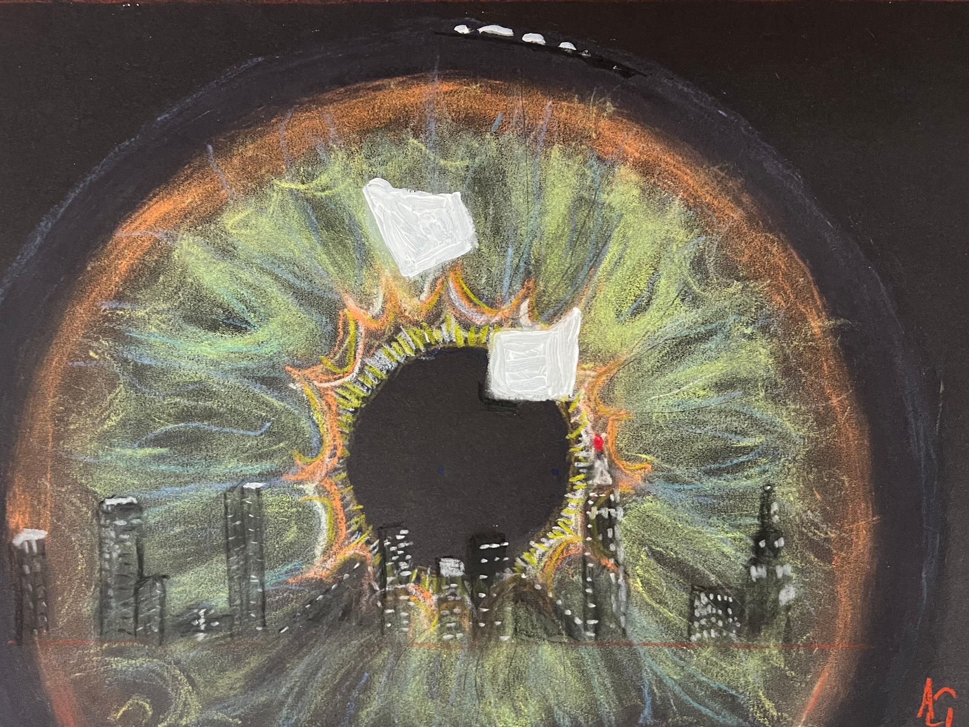 A detailed sketch of an eye with art reflections concealed within - part of a selection of  BRISTOL 1904 ARTS evening sketches painted on the night of our regular Wednesday evening concert programs.
